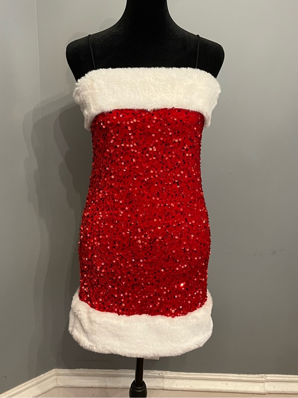 183rd & Laurel Red Velvet Sequin Holiday Mini Dress With Faux Fur Trim, size S